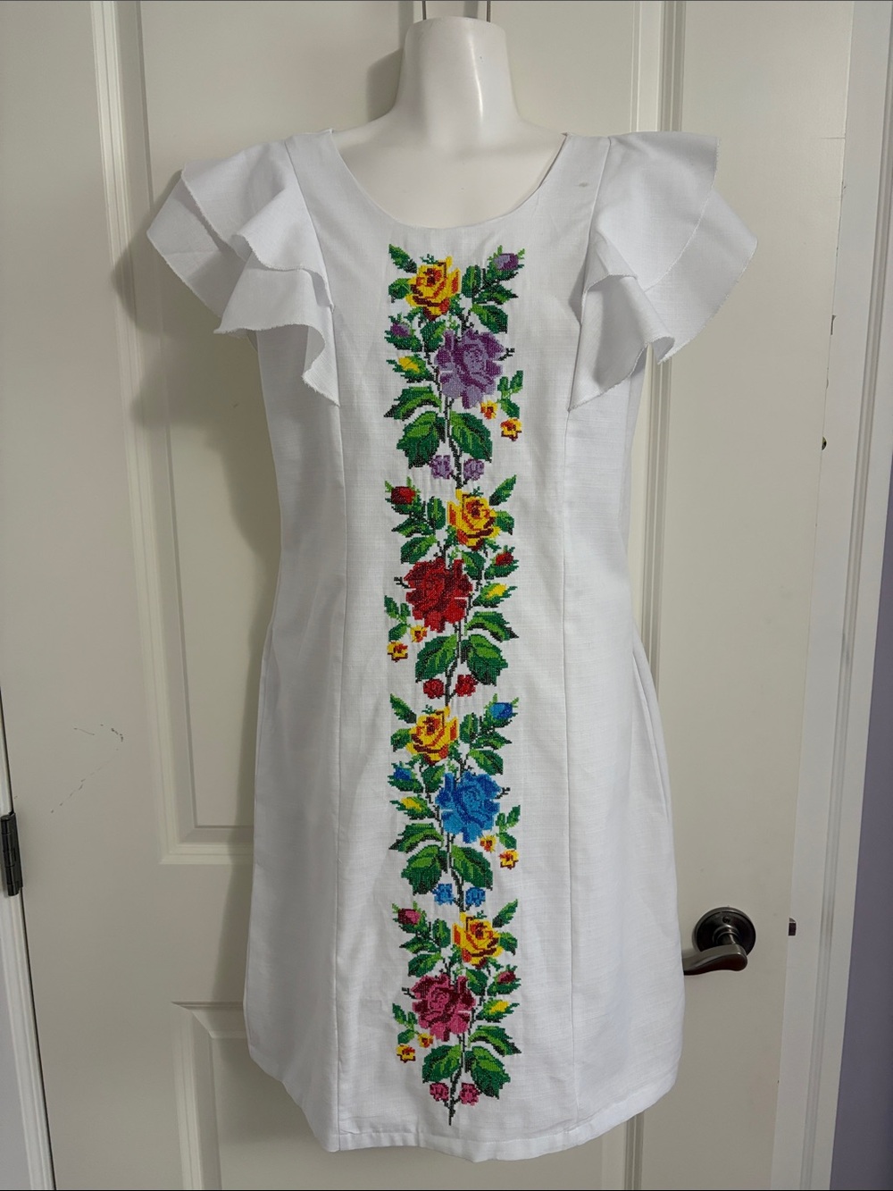 Mariela White Embroidered Floral Midi Dress with Ruffle Sleeves